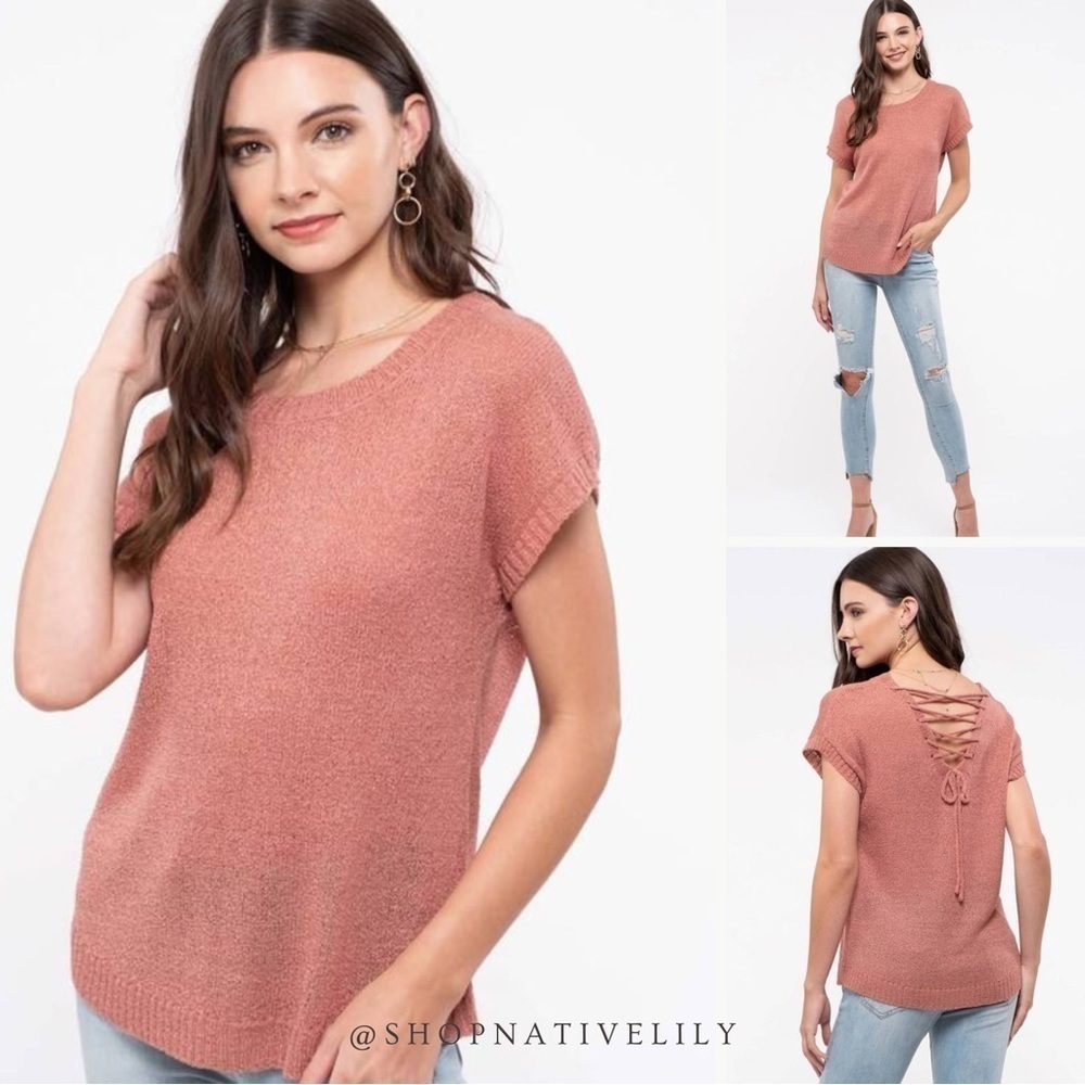 Mine Lace Up Back Knit Top Size Small Dusty Rose Short Sleeve Chic NWT - Picture 2 of 8